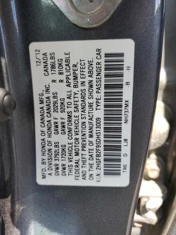 Photo 10 from auction – 2013 HONDA CIVIC EXL with VIN 2HGFB2F95DH513009