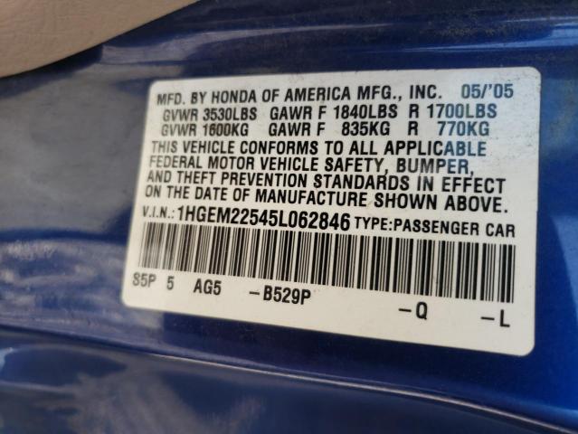 Photo 10 from auction – 2005 HONDA CIVIC LX with VIN 1HGEM22545L062846