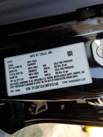 Photo 10 from auction – 2021 TESLA MODEL 3 with VIN 5YJ3E1EA1MF915145