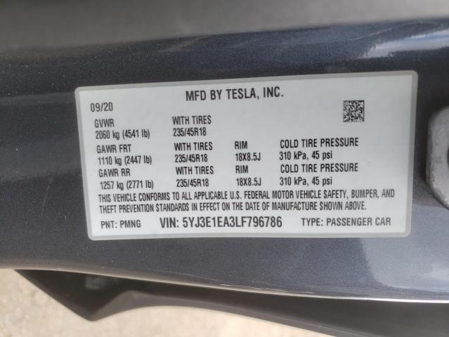 Photo 10 from auction – 2020 TESLA MODEL 3 with VIN 5YJ3E1EA3LF796786
