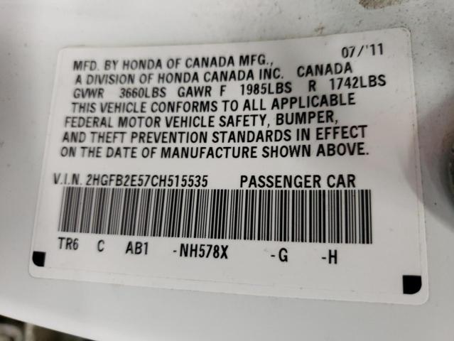 Photo 10 from auction – 2012 HONDA CIVIC LX with VIN 2HGFB2E57CH515535