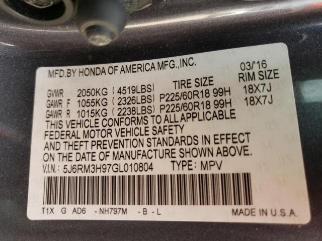 Photo 10 from auction – 2016 HONDA CR-V TOURI with VIN 5J6RM3H97GL010804