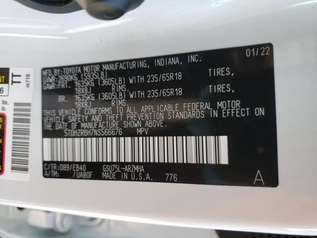 Photo 10 from auction – 2022 TOYOTA HIGHLANDER with VIN 5TDHZRBH7NS566676