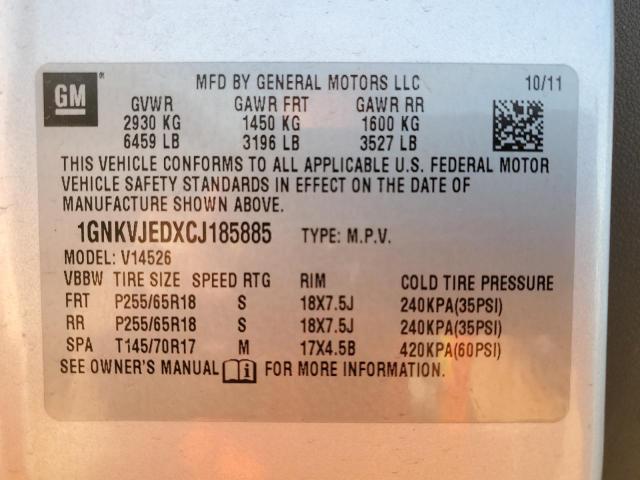Photo 10 from auction – 2012 CHEVROLET TRAVERSE with VIN 1GNKVJEDXCJ185885