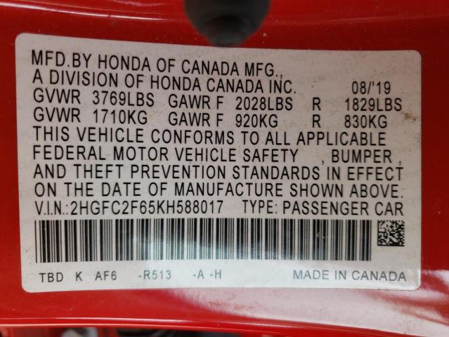 Photo 10 from auction – 2019 HONDA CIVIC LX with VIN 2HGFC2F65KH588017