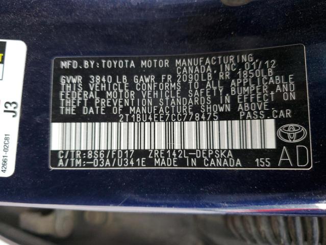Photo 10 from auction – 2012 TOYOTA COROLLA with VIN 2T1BU4EE7CC778475