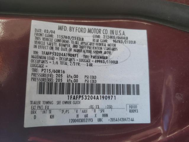 Photo 10 from auction – 2004 FORD TAURUS with VIN 1FAFP53204A190971