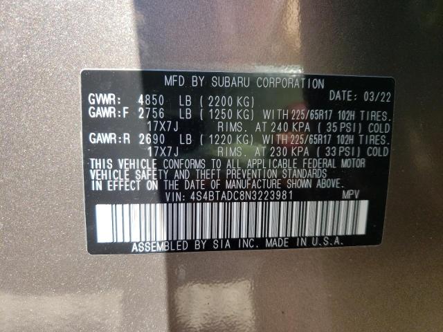 Photo 10 from auction – 2022 SUBARU OUTBACK PR with VIN 4S4BTADC8N3223981