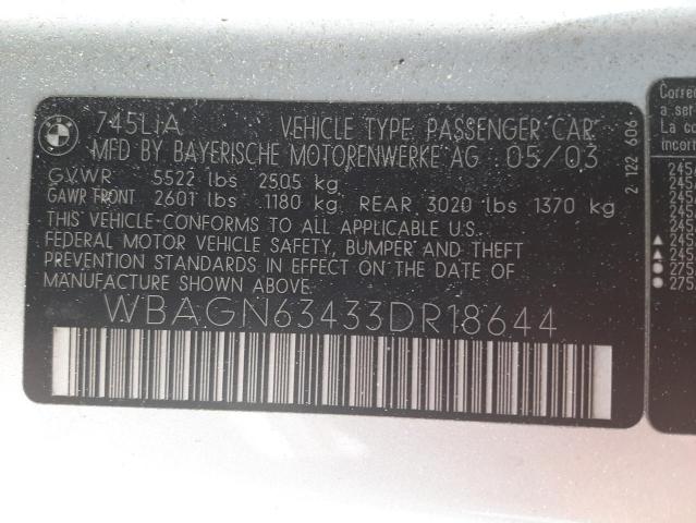 Photo 10 from auction – 2003 BMW 745 LI with VIN WBAGN63433DR18644
