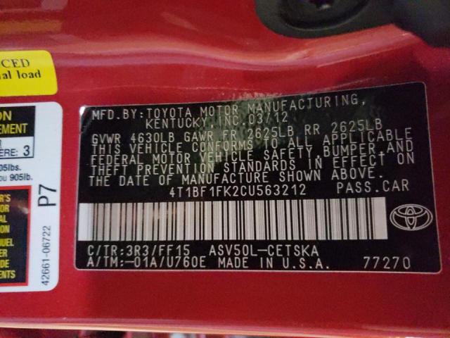 Photo 10 from auction – 2012 TOYOTA CAMRY with VIN 4T1BF1FK2CU563212