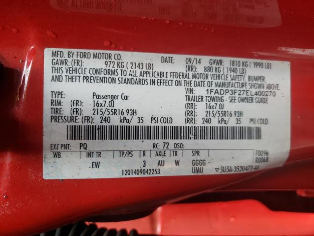 Photo 10 from auction – 2014 FORD FOCUS SE with VIN 1FADP3F27EL400270