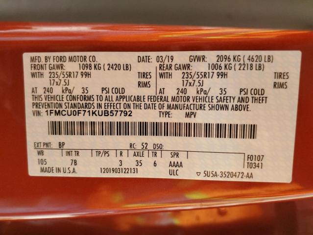 Photo 10 from auction – 2019 FORD ESCAPE S with VIN 1FMCU0F71KUB57792