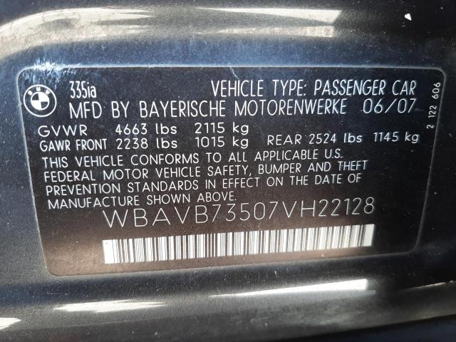Photo 10 from auction – 2007 BMW 335 I with VIN WBAVB73507VH22128