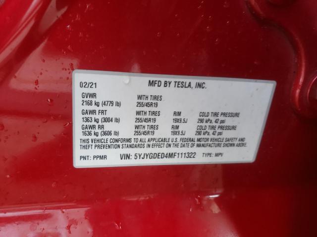 Photo 10 from auction – 2021 TESLA MODEL Y with VIN 5YJYGDED4MF111322