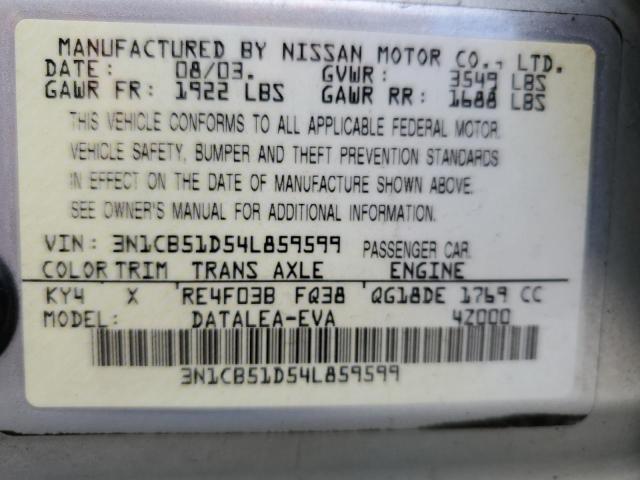 Photo 10 from auction – 2004 NISSAN SENTRA 1.8 with VIN 3N1CB51D54L859599