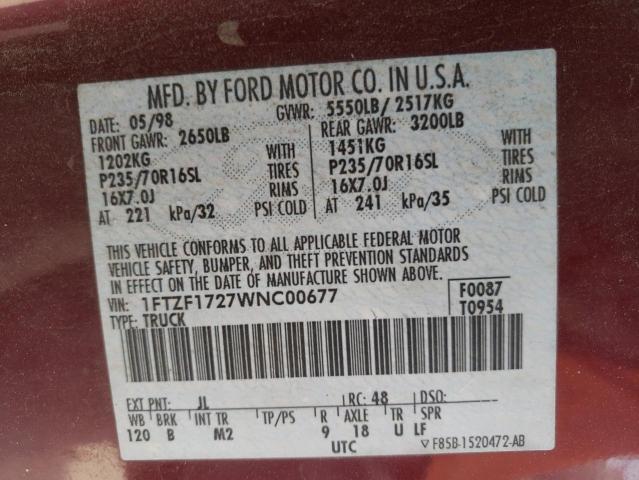 Photo 10 from auction – 1998 FORD F150 with VIN 1FTZF1727WNC00677