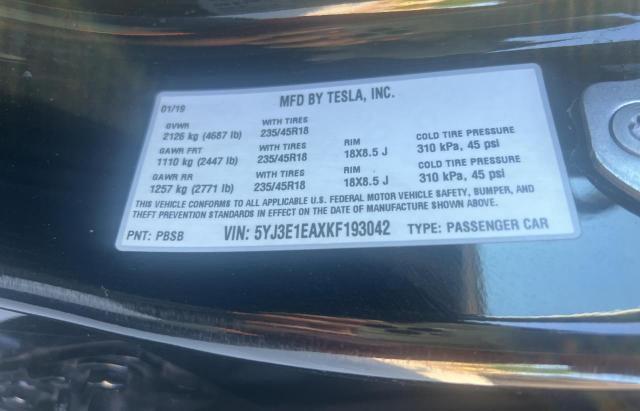 Photo 10 from auction – 2019 TESLA MODEL 3 with VIN 5YJ3E1EAXKF193042