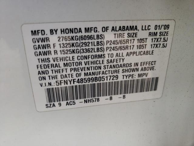 Photo 10 from auction – 2009 HONDA PILOT EXL with VIN 5FNYF48599B051729