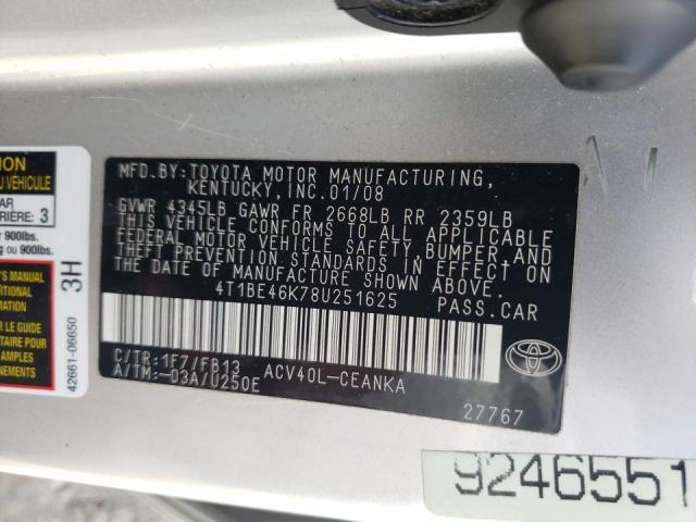 Photo 10 from auction – 2008 TOYOTA CAMRY CE with VIN 4T1BE46K78U251625