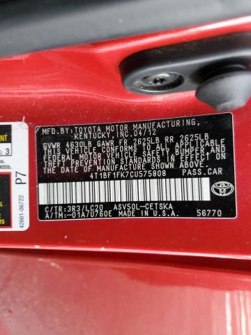 Photo 10 from auction – 2012 TOYOTA CAMRY BASE with VIN 4T1BF1FK7CU575808