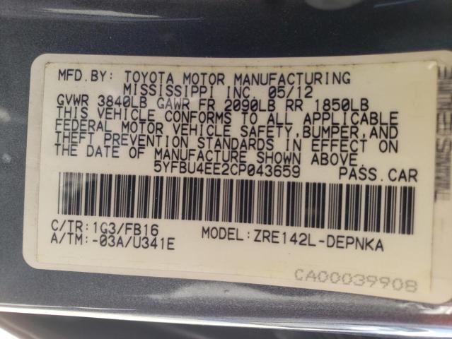 Photo 10 from auction – 2012 TOYOTA COROLLA BA with VIN 5YFBU4EE2CP043659