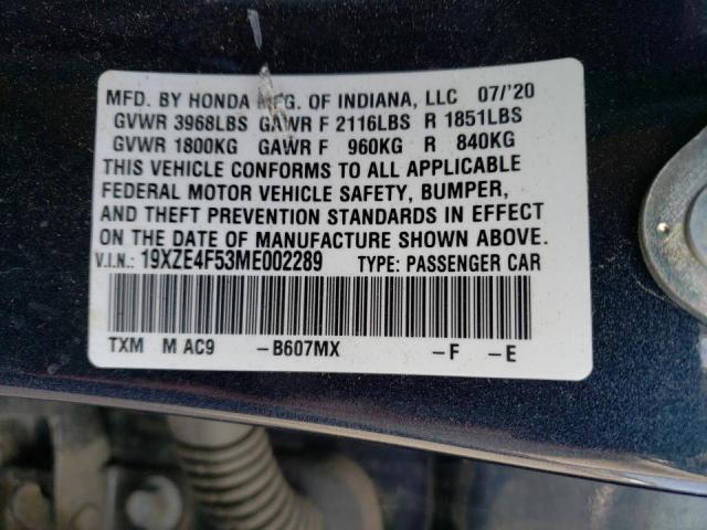 Photo 10 from auction – 2021 HONDA INSIGHT EX with VIN 19XZE4F53ME002289