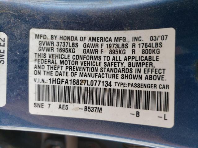 Photo 10 from auction – 2007 HONDA CIVIC EX with VIN 1HGFA16827L077134