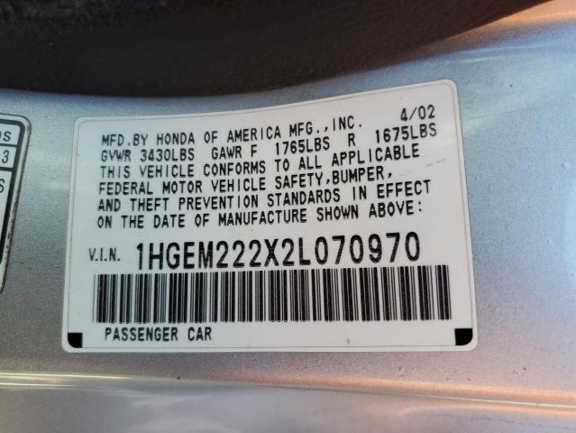 Photo 10 from auction – 2002 HONDA CIVIC DX with VIN 1HGEM222X2L070970
