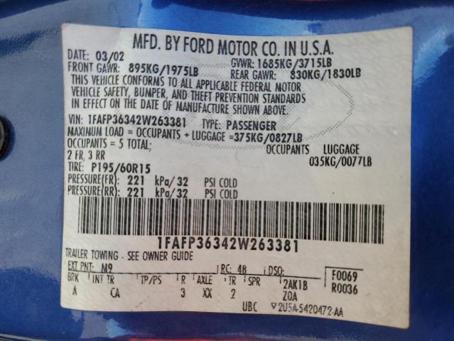 Photo 10 from auction – 2002 FORD FOCUS with VIN 1FAFP36342W263381