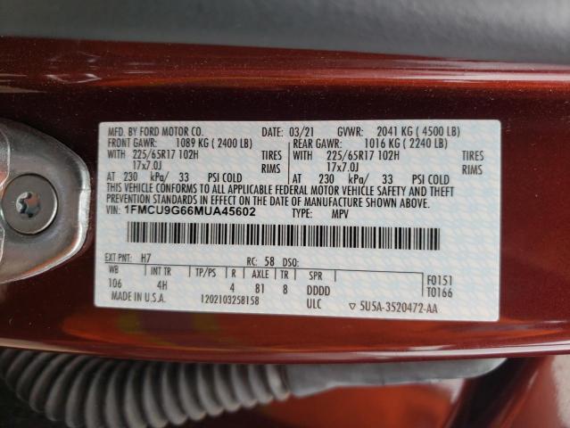 Photo 10 from auction – 2021 FORD ESCAPE SE with VIN 1FMCU9G66MUA45602