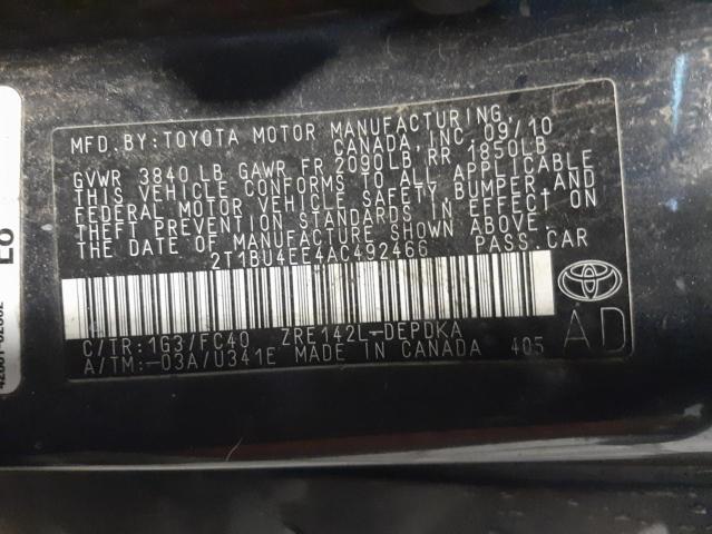 Photo 10 from auction – 2010 TOYOTA COROLLA BA with VIN 2T1BU4EE4AC492466