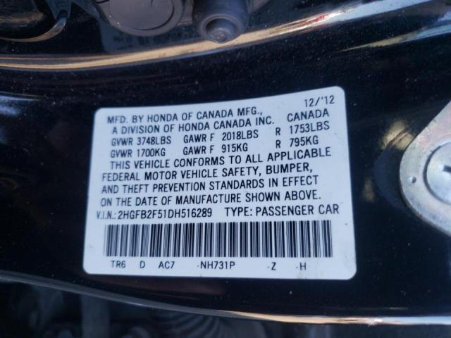 Photo 10 from auction – 2013 HONDA CIVIC LX with VIN 2HGFB2F51DH516289