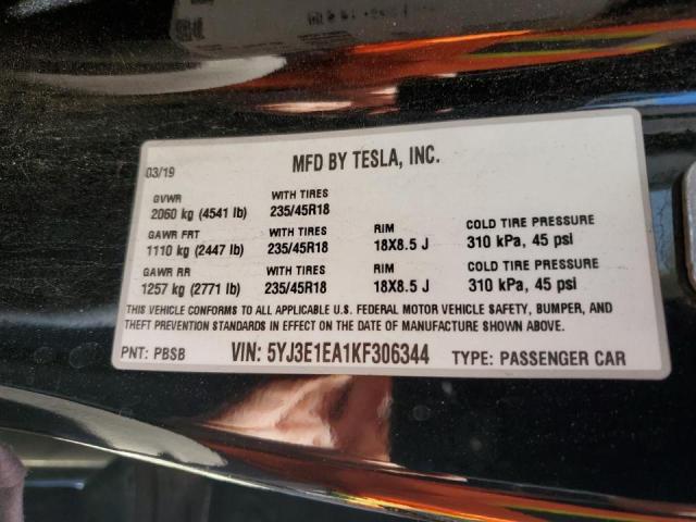 Photo 10 from auction – 2019 TESLA MODEL 3 with VIN 5YJ3E1EA1KF306344