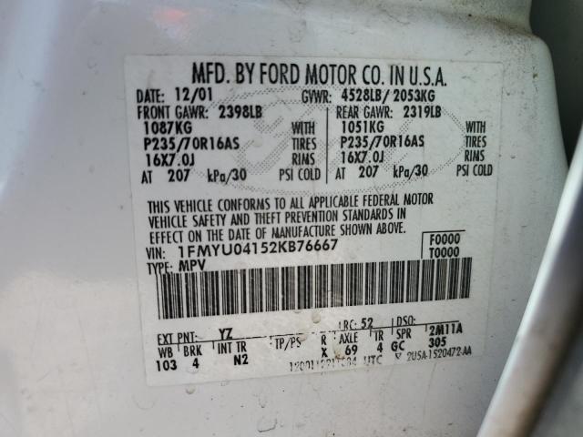Photo 10 from auction – 2002 FORD ESCAPE XLT with VIN 1FMYU04152KB76667