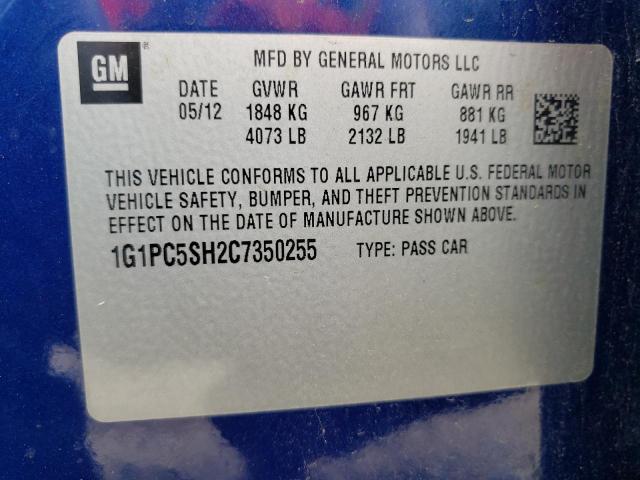Photo 10 from auction – 2012 CHEVROLET CRUZE LS with VIN 1G1PC5SH2C7350255