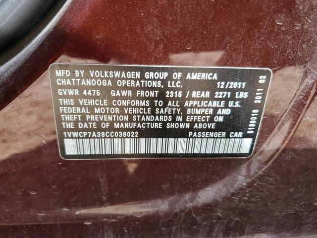 Photo 10 from auction – 2012 VOLKSWAGEN PASSAT SEL with VIN 1VWCP7A38CC038022
