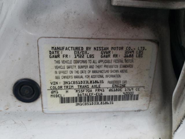 Photo 10 from auction – 2003 NISSAN SENTRA XE with VIN 3N1CB51D33L818631