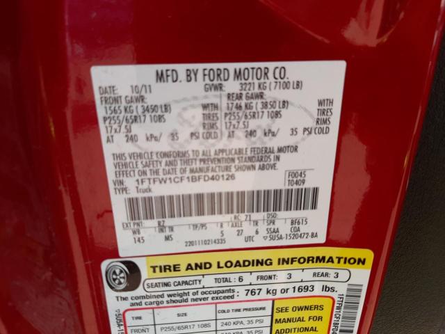 Photo 10 from auction – 2011 FORD F150 SUPER with VIN 1FTFW1CF1BFD40126
