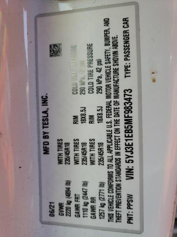 Photo 10 from auction – 2021 TESLA MODEL 3 with VIN 5YJ3E1EB5MF983473