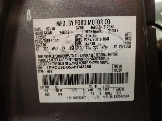 Photo 10 from auction – 2010 FORD ESCAPE XLT with VIN 1FMCU9DG5AKD43269