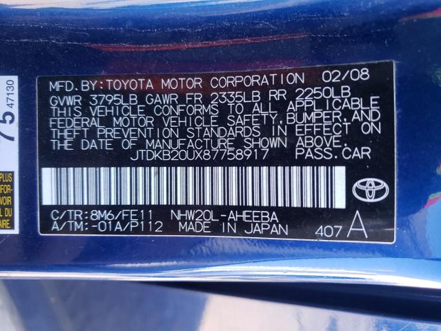 Photo 10 from auction – 2008 TOYOTA PRIUS with VIN JTDKB20UX87758917