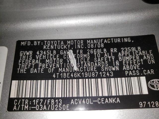 Photo 10 from auction – 2009 TOYOTA CAMRY BASE with VIN 4T1BE46K19U871243