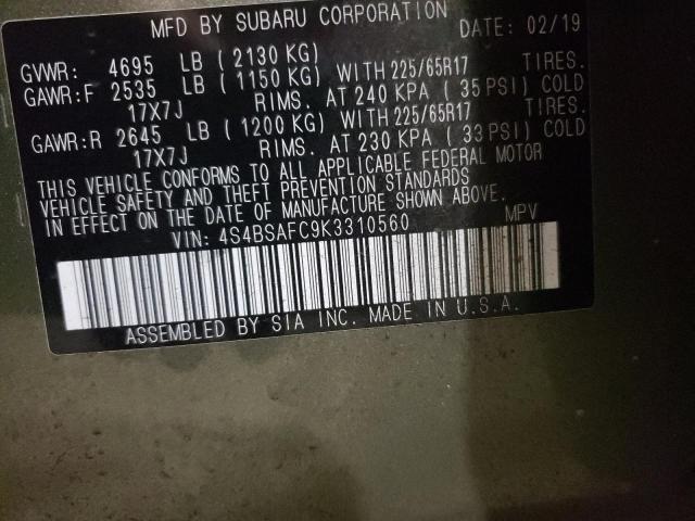 Photo 10 from auction – 2019 SUBARU OUTBACK 2. with VIN 4S4BSAFC9K3310560