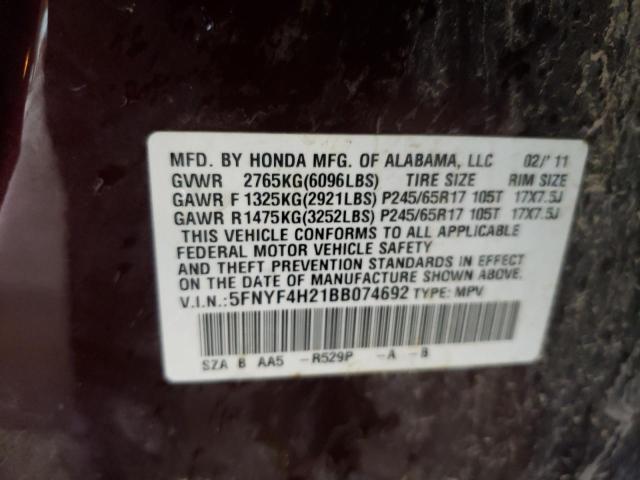 Photo 10 from auction – 2011 HONDA PILOT LX with VIN 5FNYF4H21BB074692