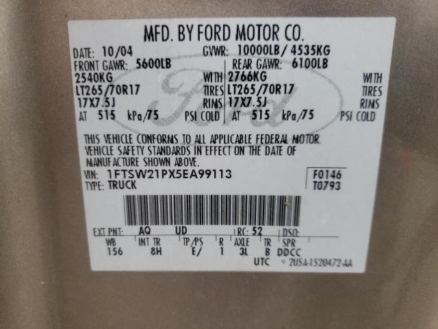 Photo 10 from auction – 2005 FORD F250 SUPER with VIN 1FTSW21PX5EA99113