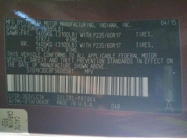 Photo 10 from auction – 2015 TOYOTA SIENNA XLE with VIN 5TDYK3DC8FS600581