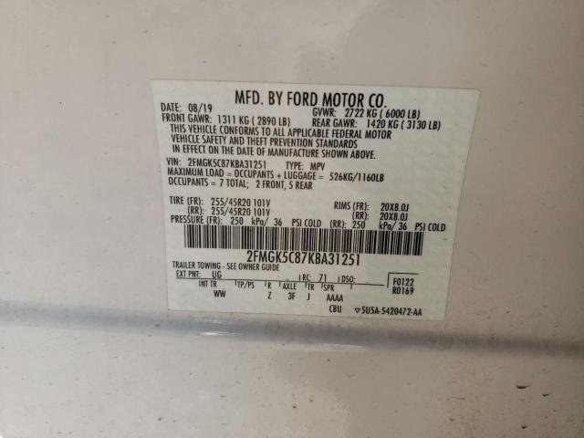 Photo 10 from auction – 2019 FORD FLEX SEL with VIN 2FMGK5C87KBA31251