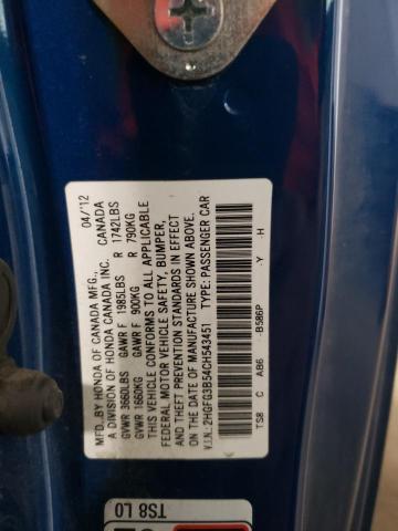 Photo 10 from auction – 2012 HONDA CIVIC with VIN 2HGFG3B54CH543451