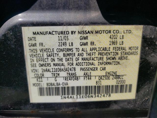 Photo 10 from auction – 2006 NISSAN ALTIMA with VIN 1N4AL11E06N342478