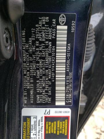 Photo 10 from auction – 2012 TOYOTA CAMRY BASE with VIN 4T4BF1FK4CR210184